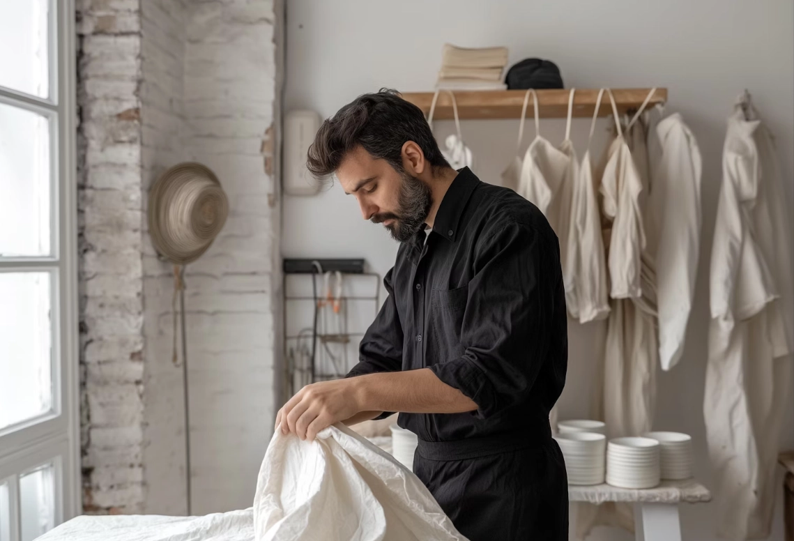 Man with beard and black shirt working with white fabric in a cozy room with hanging clothes and plates on a table.
